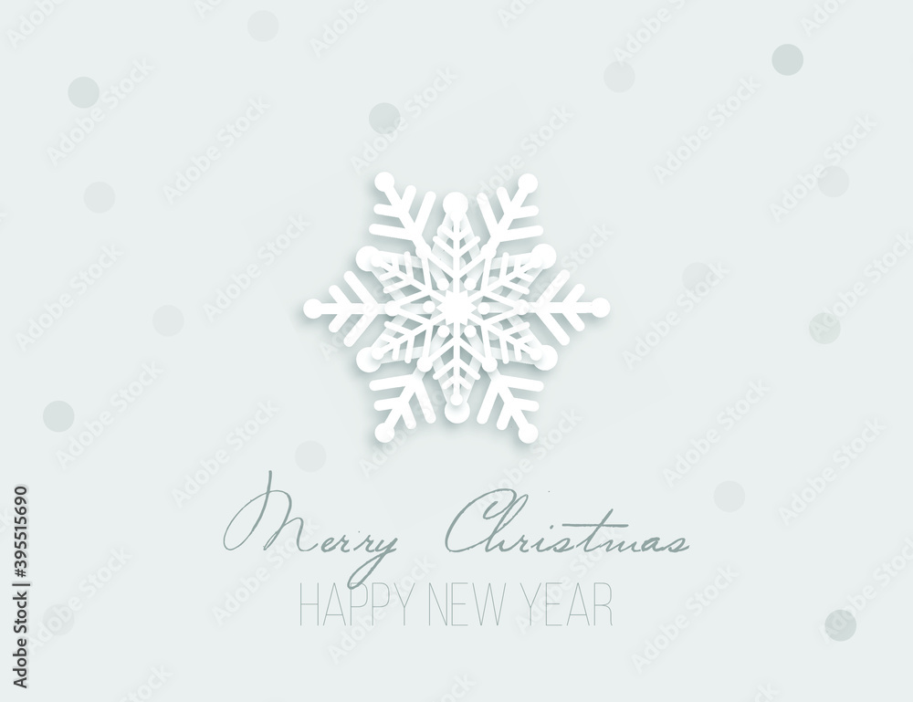 Fototapeta premium Christmas postcard with paper snowflakes with shadow and silver confetti on grey background. New year holiday design.