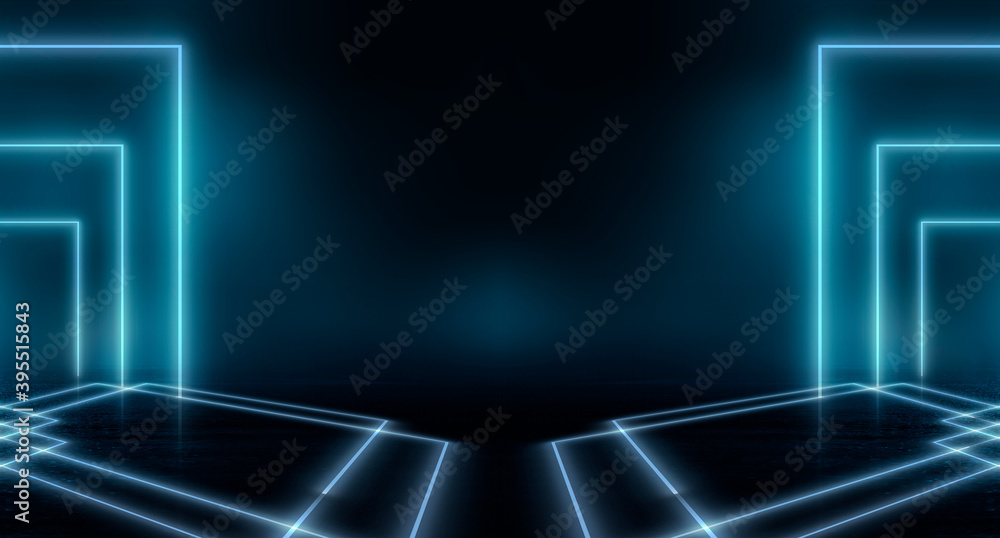 Abstract futuristic neon background, light tunnel, blue neon shapes on a dark background. Night view, space background, cyber reality. Abstract futuristic neon background, light tunnel, blue neon shapes on a dark background. Night view, space background, cyber reality.