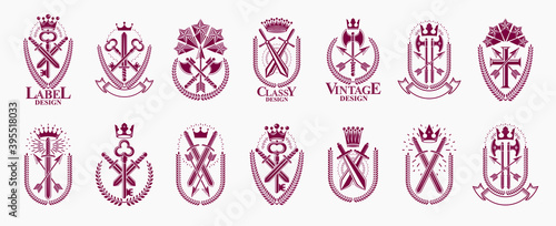 Weapon logos big vector set, vintage heraldic military emblems collection, classic style heraldry design elements, ancient knives spears and axes symbols.