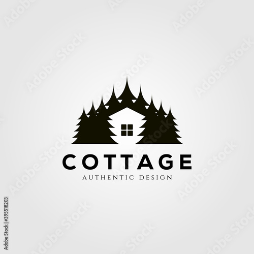vintage cottage logo vector design with pine tree symbol illustration