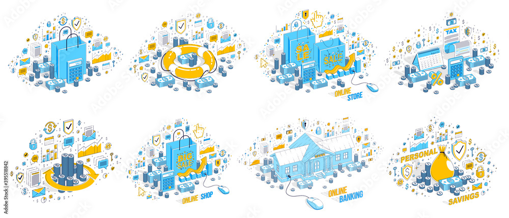 Business and finance concepts 3D vector illustrations set isolated on white background, money theme conceptual design collection, savings, bank, contract, income, safety, online. Business and finance concepts 3D vector illustrations set isolated on white background, money theme conceptual design collection, savings, bank, contract, income, safety, online.
