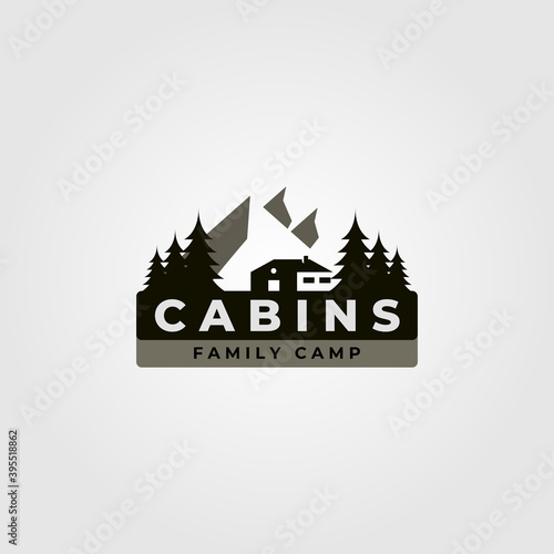 cabin logo vintage vector illustration design with mountain landscape illustration