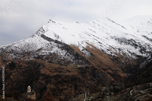 Castelmagno, Cuneo (Italia). Una montagna coperta dalla pirma neve autunnale in valle Grana photo