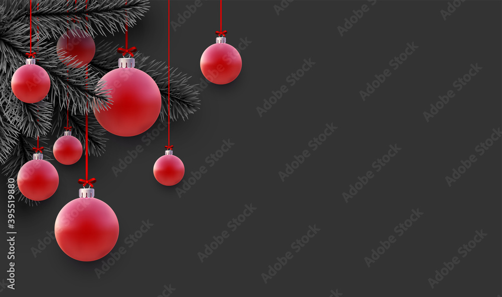 Realistic Xmas red baubles and spruce branches. Realistic Xmas red baubles and spruce branches.