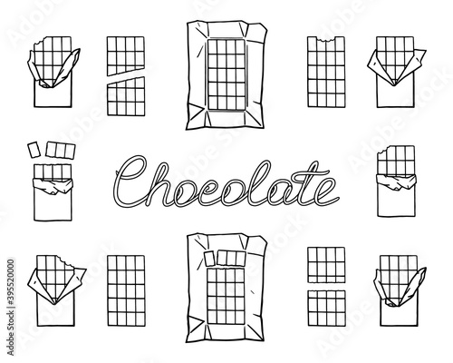 Set of hand drawn chocolate bar in twelve different variations with the hand written inscription. Black outline isolated on white background. Vector illustration for stickers, prints, decor.