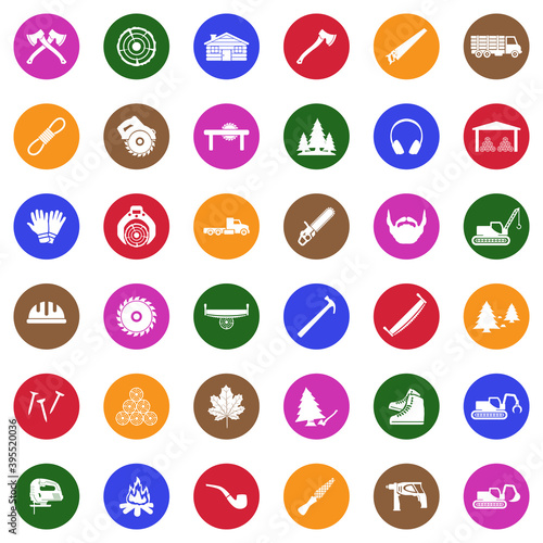 Lumberjack Icons. White Flat Design In Circle. Vector Illustration.