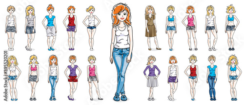 Women in casual wear vector illustrations isolated on white background big set, attractive adult girls beautiful and slim curvy body cute characters standing full length, gorgeous diverse females.