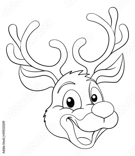 A cute Christmas Santas reindeer cartoon character. In black and white outline like a coloring book page.