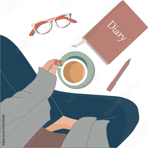 girl on freelancing with coffee and my daily planner vector file