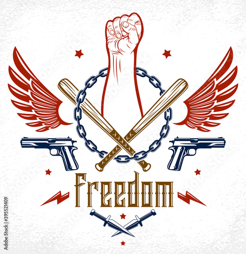 Revolution and Riot aggressive emblem or logo with strong clenched fist, weapons and different design elements , vector tattoo, anarchy and chaos, rebel partisan and revolutionary.