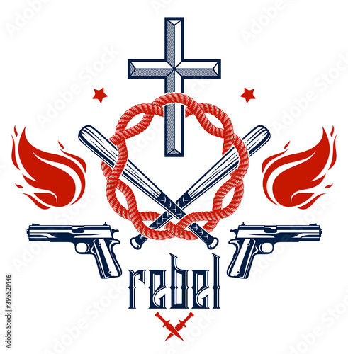 Gangster thug emblem or logo with Christian Cross, weapons and different design elements , vector tattoo, anarchy and chaos, dead rebel partisan and revolutionary.
