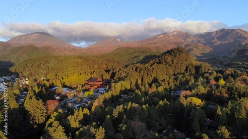 Aerial drone over Toshogu shrine and mountains in Nikko, Japan