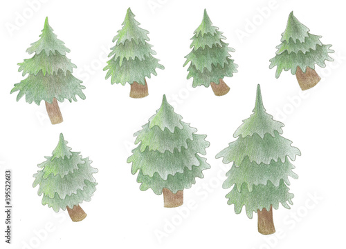 Set of Christmas trees. Stickers. Seven elements isolated on a white background. Hand drawn. Illustration made with colored pencils