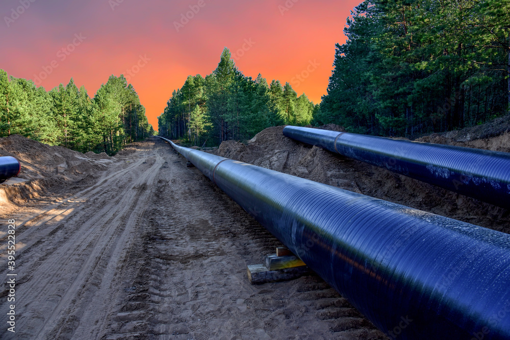 Crude oil and Natural gas pipeline construction work in forest area ...