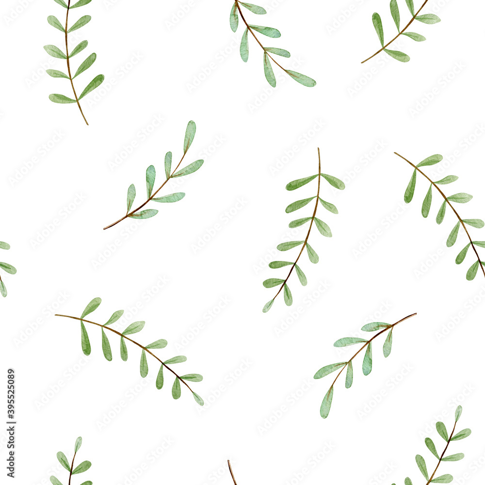Greenery twigs watercolor seamless pattern. Simple leaves endless background. Greenery twigs watercolor seamless pattern. Simple leaves endless background.