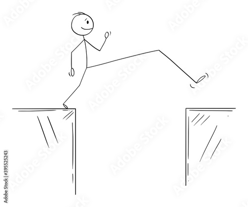 Vector cartoon stick figure illustration of man or businessman overcoming obstacle on way to success by long step.