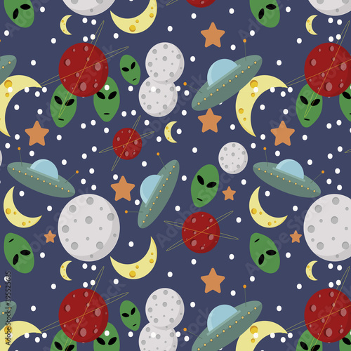Background with space patterns and an alien. Flying saucers next to the planets. The constellation and the full moon. Vector graphics.