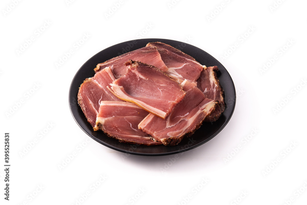 Dried and smoked meat slices isolated on white background Dried and smoked meat slices isolated on white background