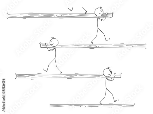 Vector cartoon stick figure illustration of man carrying log or beam and walking on log carried by another man. Impossible image.Concept of cooperation,teamwork,work or job.