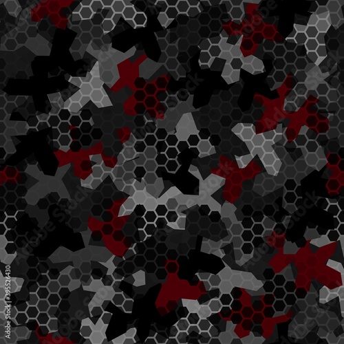 Camouflage seamless pattern with hexagonal geometric ornament in dark grey