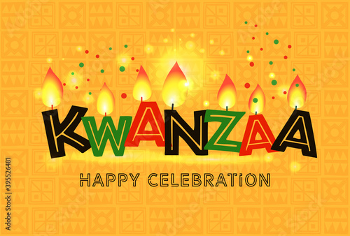 Banner for Kwanzaa with traditional colored and candles on yellow background representing the Seven Principles or Nguzo Saba .
