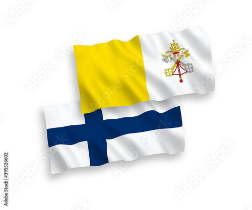 National vector fabric wave flags of Finland and Vatican isolated on white background. 1 to 2 proportion.