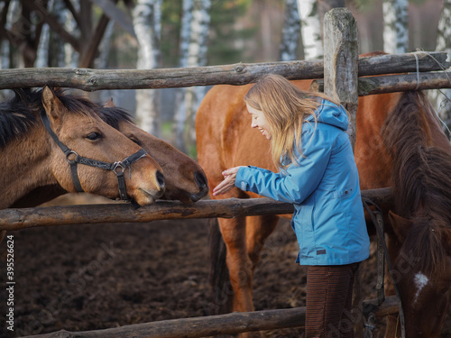 A girl in a blue jacket stroking two horses in an aviary