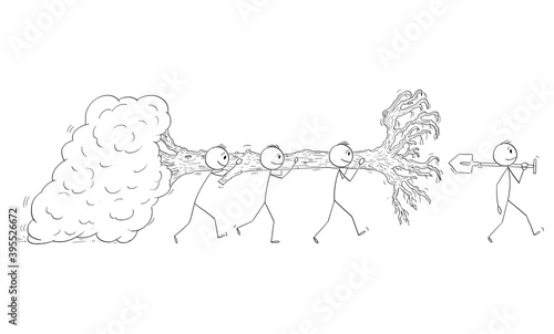 Vector cartoon stick figure illustration of group of men carrying and moving full-grown tree to plant or replant it.Concept of nature, ecology,ecosystem or climate change.
