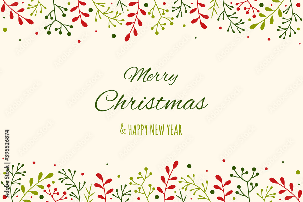 Obraz premium Christmas greeting card with ornaments. Xmas wreath with mistletoe branches. Vector