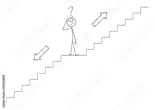 Vector cartoon stick figure illustration of man or businessman thinking on stairs or staircase or stairway and thinking about future direction, choosing to go up or down.