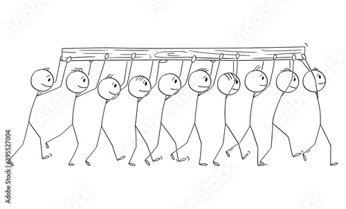 Vector cartoon stick figure illustration of team or group of men carrying together log or beam. Concept of teamwork or cooperation.