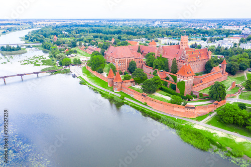 Aerial view of Malbork Teutonic order castle in Poland. It is the largest castle in the world measured by land area and a UNESCO World Heritage Site, built in 13th-century.