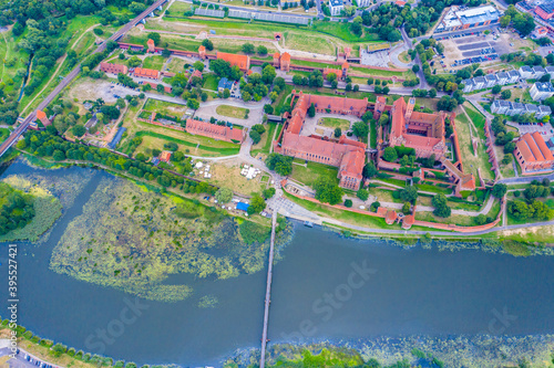 Aerial view of Malbork Teutonic order castle in Poland. It is the largest castle in the world measured by land area and a UNESCO World Heritage Site, built in 13th-century.