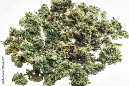 medical marijuana cannabis buds closeup on white studio background