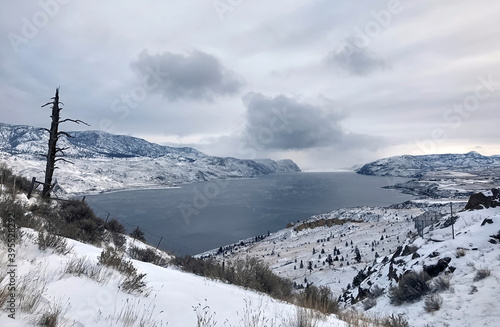 Frozen mountain Kamloops Lake in winter in cloudy weather. Winter mountain landscape. British Columbia, Canada. focus on the background © Alena Charykova