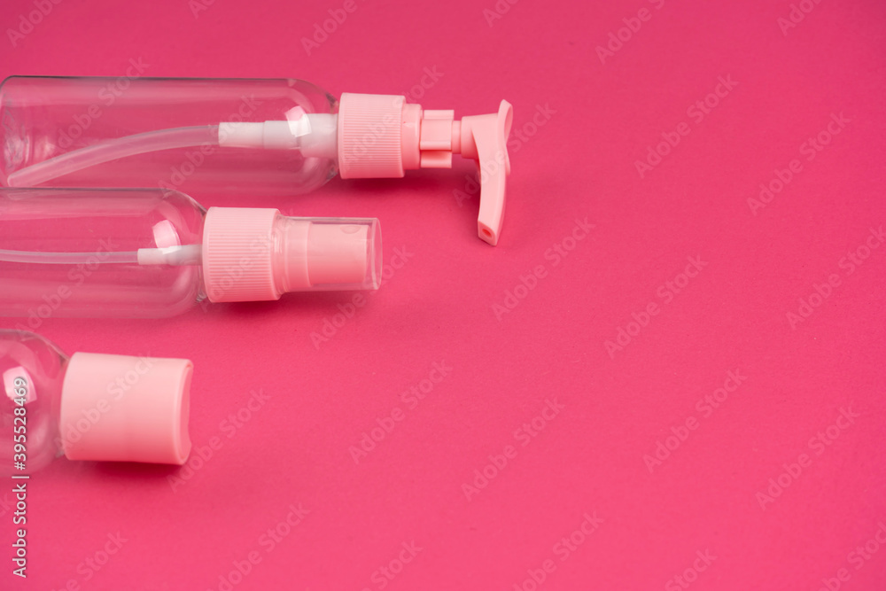 A kit of plastic containers for transportation of shampoos, creams and cosmetics in travel A kit of plastic containers for transportation of shampoos, creams and cosmetics in travel