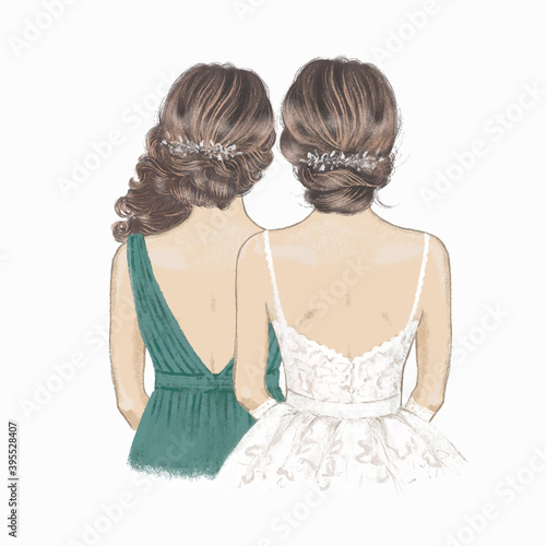 Bride and Bridesmaid with curly hair. Sister of Bride. Hand drawn Illustration