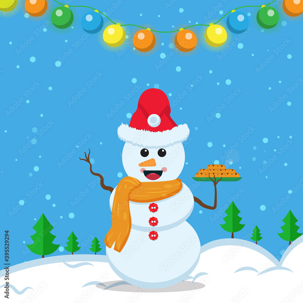 Illustration vector graphic of the happy snowman using santa claus hat and orange scarf bring a plate of biscuits. Blue background. Fit for Christmas icons, Christmas stickers, Christmas book covers.