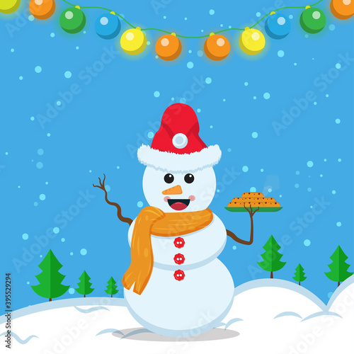 Illustration vector graphic of the happy snowman using santa claus hat and orange scarf bring a plate of biscuits. Blue background. Fit for Christmas icons, Christmas stickers, Christmas book covers.