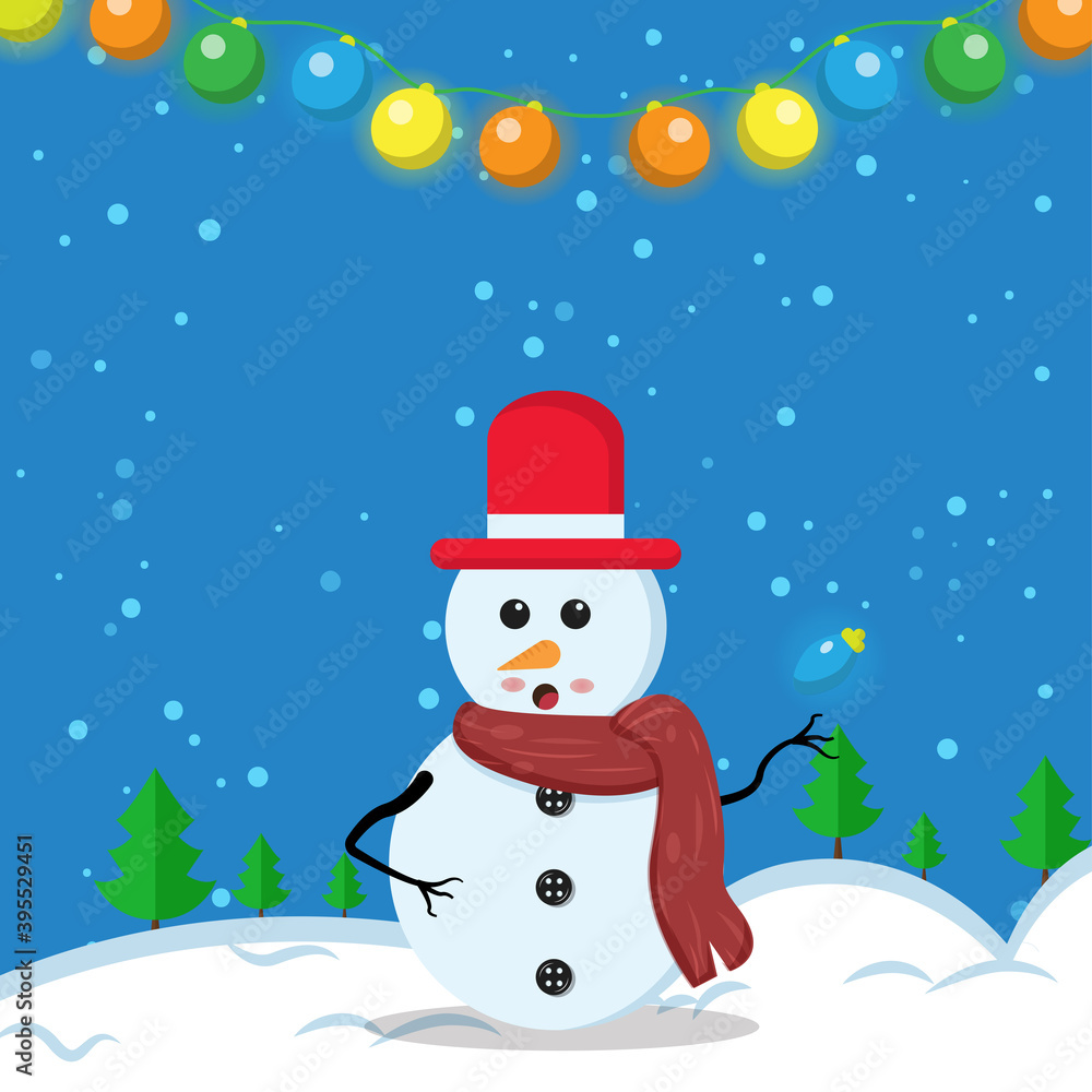 Fototapeta premium Illustration vector graphic of the cute snowman using santa claus hat holding christmas light. Blue background. Good for Christmas icons, Christmas stickers, Christmas book covers.