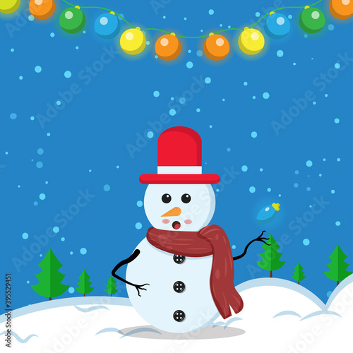 Illustration vector graphic of the cute snowman using santa claus hat holding christmas light. Blue background. Good for Christmas icons, Christmas stickers, Christmas book covers.