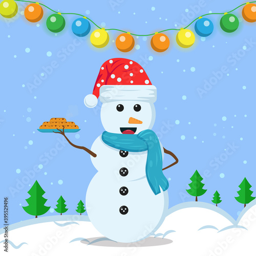 Illustration vector graphic of the happy snowman using santa claus hat and blue scarf bring a plate of biscuits. Blue background. Good for Christmas icons, Christmas stickers, Christmas book covers.