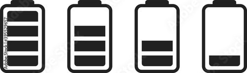 Illustration of battery level indicators. Battery life, accumulator, battery running low, battery recharging vector