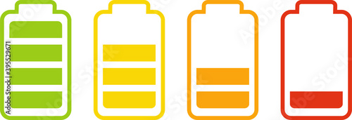 Illustration of battery level indicators. Battery life, accumulator, battery running low, battery recharging vector