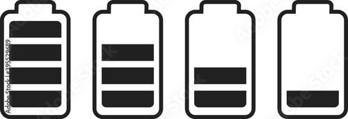 Illustration of battery level indicators. Battery life, accumulator, battery running low, battery recharging vector