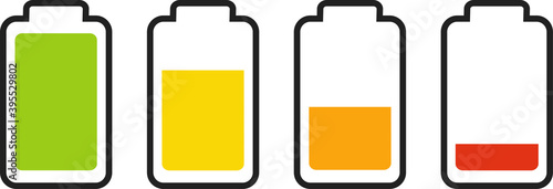 Illustration of battery level indicators. Battery life, accumulator, battery running low, battery recharging vector