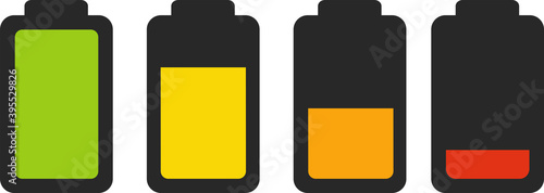 Illustration of battery level indicators. Battery life, accumulator, battery running low, battery recharging vector