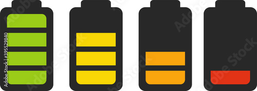Illustration of battery level indicators. Battery life, accumulator, battery running low, battery recharging vector
