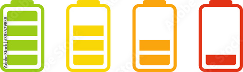 Illustration of battery level indicators. Battery life, accumulator, battery running low, battery recharging vector