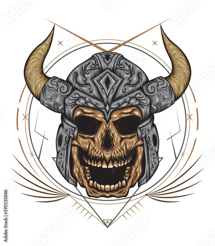 Flying skull illustration with horned helmet.